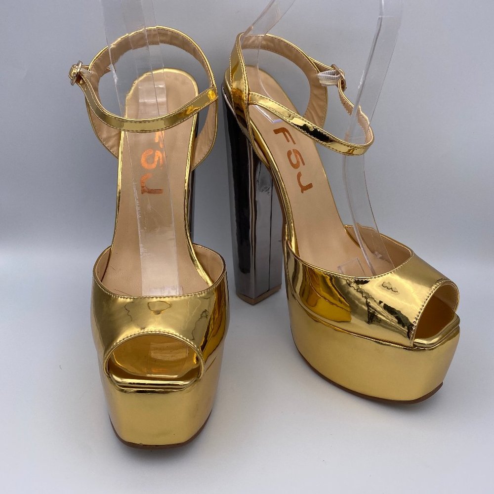 FSJ Gold Metallic Platform Peep-Toe Ankle Strap Block Heels